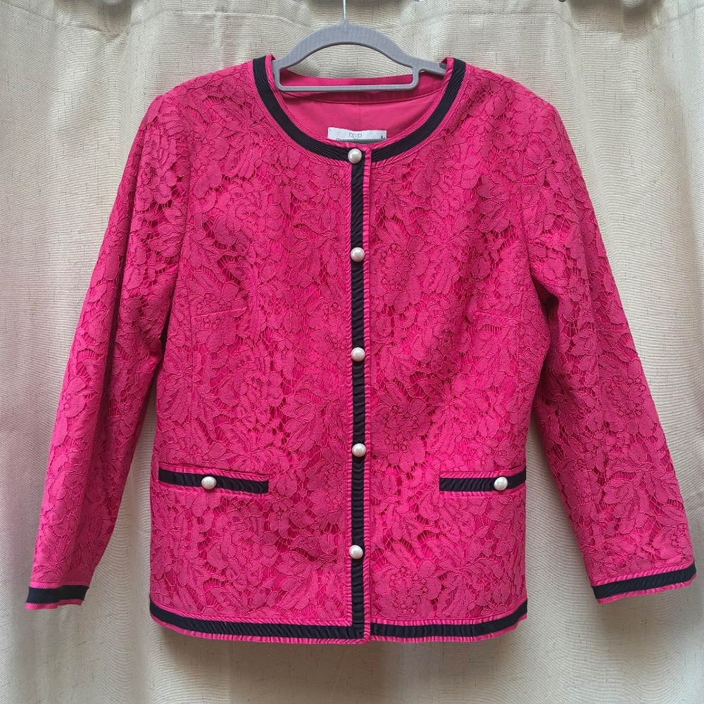 NWT: RSVP for Talbots Navy Corded Pink Lace Jacket Size 10 - Picture 2 of 7